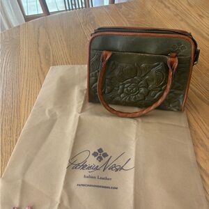 Patricia Nash Olive Green and Brown Floral Tooled Leather Satchel